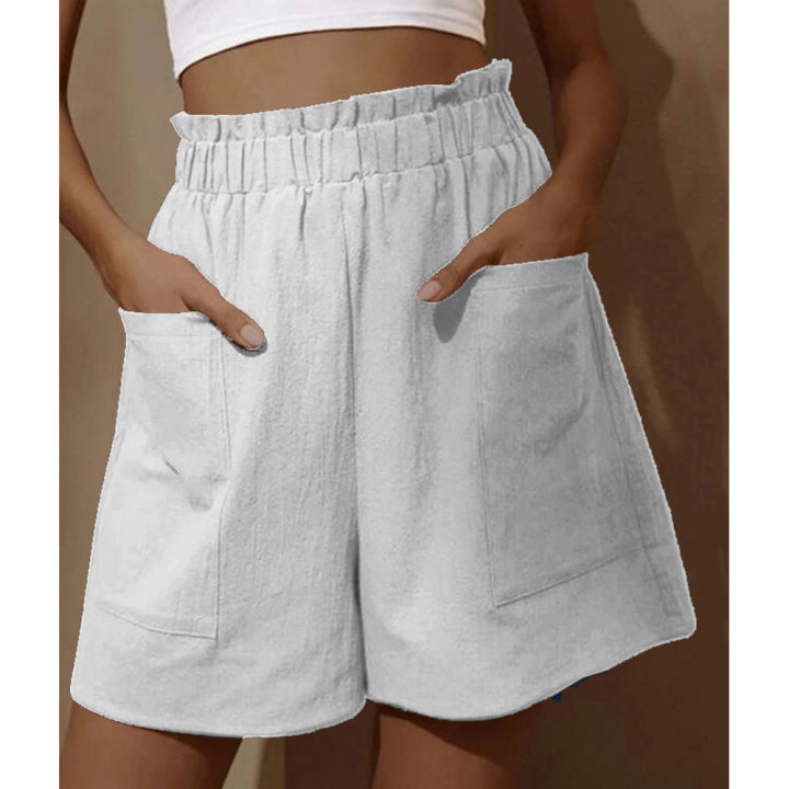 Yfashion Women Shorts Solid Color Cotton And Linen Wide-leg High-waist Casual Elastic Waistband Cropped Pants With Pockets color