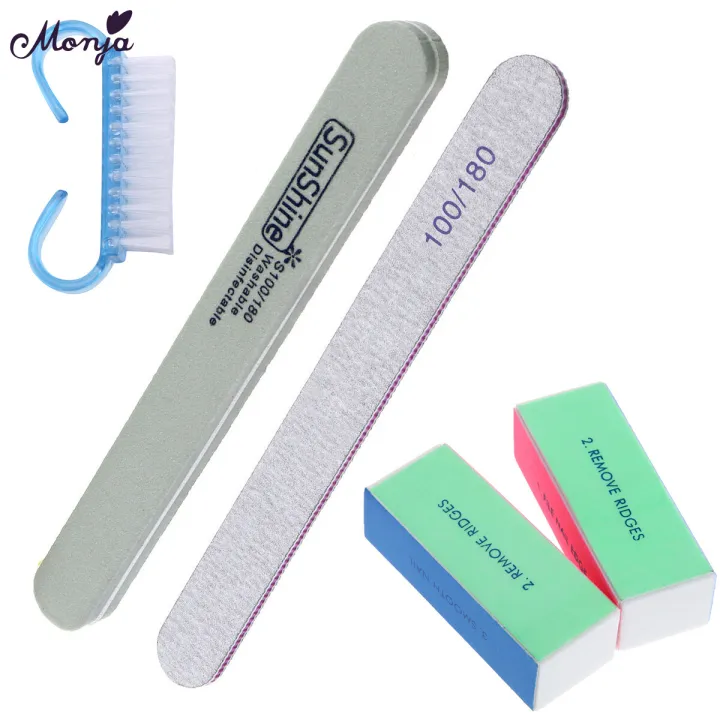 Monja 5pcs/Set Nail Art Files Dust Brush Cleaning Buffer Sponge Block Buffing Grit Sand UV Gel Polish Acrylic Manicure Pedicure Tools
