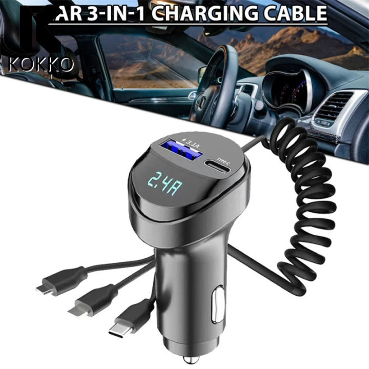 KOKKO Car Charger QC 3.0/3.1A Fast Charging USB Charger Dual Ports With 3 In 1 Charging Cable Car Phone Charger For Smartphones