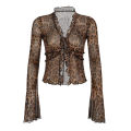 CIBBAR y2k Sexy Mesh Crop Top Vintage 2000s Leopard Print Ruffles Patchwork Bandage Cardigan T-shirts Women Transparent Club Tee. 