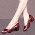 Red Women's Leather Chunky Heel Sandals Summer New Hollow-out Work Shoes Versatile Mom Shoes Stylish Peep Toe. 
