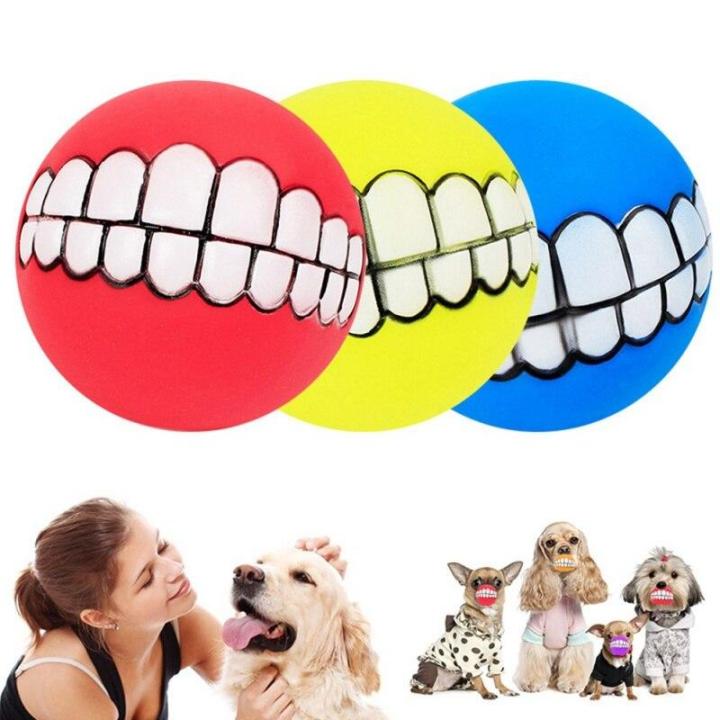 Pet Dog Squeaky Ball Play Toy Funny Smile Teeth Face Design Dog Toys for Small Medium Large Cleaning Tooth Dogs Cat Puppy Outdoor Balls Fetching Training Molar Bite Chew Squeak Sound Interactive Silicon Rubber PVC Tool Supplies