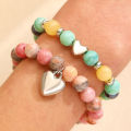 Qingwen European and American New Green Pink Colored Stone Beaded Bracelet Love Pendant Braided Rope Couple Bracelet Size Adjustment. 