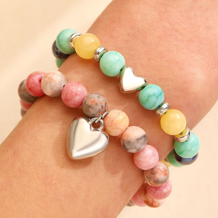 Qingwen European and American New Green Pink Colored Stone Beaded Bracelet Love Pendant Braided Rope Couple Bracelet Size Adjustment