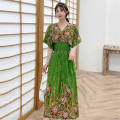 【ZIME】Women Bohemian Floral Printed Short Sleeve Long Dress V-neck Party Beach Maxi Dress. 