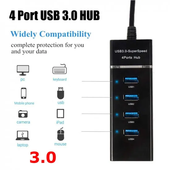 USB HUB 3.0 High Speed 4 Ports Splitter For Desktop PC Laptop