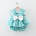 Terno Outfits For Kids Girl Summer Bow Solid Color Suspender Top And Shorts Set Dress For Kids Girls Baby Girl Cute Korean Cotton Beach Two Piece Set(0-3 Years Old). 