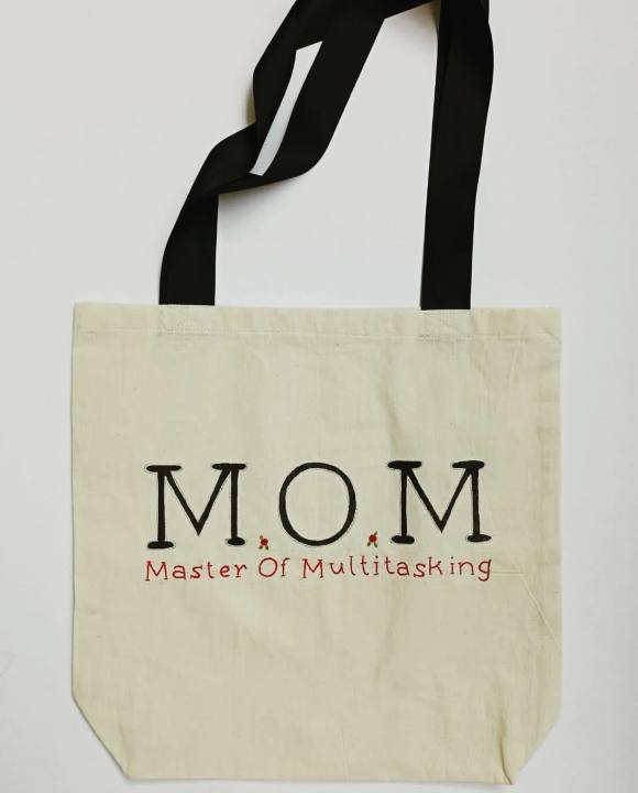 Women Hand Embroidered Quote Tote Bag Greige Cloth