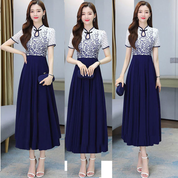 bellylady%20Women%20Cotton%20Cheongsam%20Dress%20Summer%20Short%20Sleeves%20Stand%20Collar%20A-line%20Skirt%20High%20Waist%20Large%20Swing%20Dress%20-%20Image%207