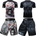 【F MMA BJJ GI Rashguard T Shirts+Muay Thai Shorts Rash Guard Clothing Jerseys MMA Compression T-shirt Men Kickboxing Sets. 