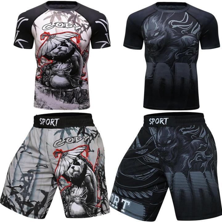 【F MMA BJJ GI Rashguard T Shirts+Muay Thai Shorts Rash Guard Clothing Jerseys MMA Compression T-shirt Men Kickboxing Sets
