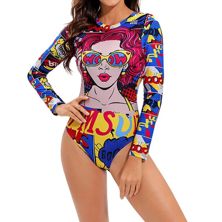 Women's One-Piece Swimsuit, 3D Print Long Sleeve Round Neck Hollow Out Back Bathing Bodysuit