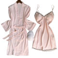 SYQ Solid Color Wavy Lace Sling Silk Nightgown Thin Fairy Two-Piece Nightgown Pad For Women. 
