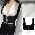 Adjustable Straps Women Bustier Corset Slimming Lace-Up Design Crop Length Underbust Lace-Up Corset Lace Trim Underbust Style Suspender Crop Top for Lingerie Party Bridal Wear Body Shaping Clubbing Or. 