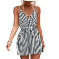 Yfashion Women Stripe Print V Neck Beach Shorts Romper Jumpsuit With Belt Sexy Fashion Suspender Jumpsuit For Beach Party. 