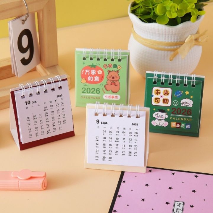 Cute Mini 2026 Desk Calendar Coil Binding Flip Desktop Calendar Cartoon Daily Planner Office School Supplies