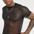 Yfashion Men Cotton Mesh See-through Fishnet T Shirt Fashion  Fit Short Sleeve Nightclub Wear Shirt Party Bottoming Tops color. 