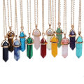Hexagonal Column Crystal Pendant Natural Stone Necklaces Gold Color Leather Chain Necklace For Women Men Fashion Jewelry. 