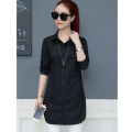 Yfashion Women Cotton Shirt Solid Color Lapel Long Sleeve Slim Fit Top Mid-length Cardigan T-shirt color. 