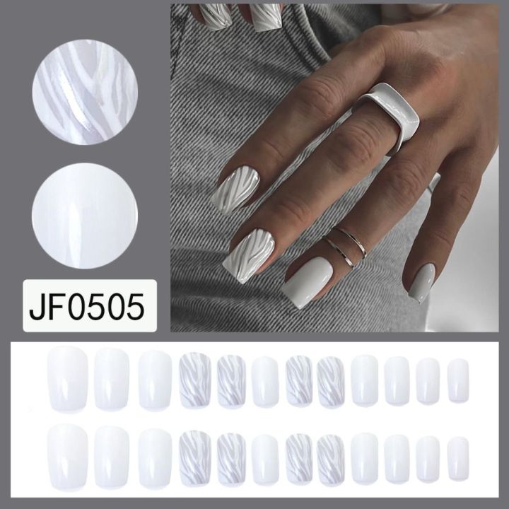24PCS%20Short%20Square%20False%20Nails%20French%20White%20Edge%20Nials%20Silver%20Flame%20Full%20Cover%20Press%20On%20Nails%20Detachable%20Ballerina%20Nail%20Tip%20-%20Image%203