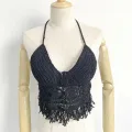 Tassel Tank Top Short Cotton Embroidered Cropped Tank Hollow Out Knitted Bra for Beachwear Yoga Apparel Ladies Fashion Boho Style Casual Wear Summer. 