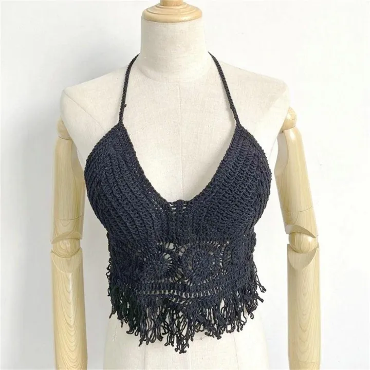 Tassel Tank Top Short Cotton Embroidered Cropped Tank Hollow Out Knitted Bra for Beachwear Yoga Apparel Ladies Fashion Boho Style Casual Wear Summer
