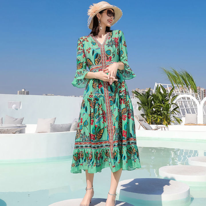 Printed%20Chiffon%20Dress%20All-Matching%20Women%202023%20Summer%20New%20Bell%20Sleeve%20Ethnic%20Style%20Fashion%20High%20Quality%20Large%20Swing%20Skirt%20-%20Image%202