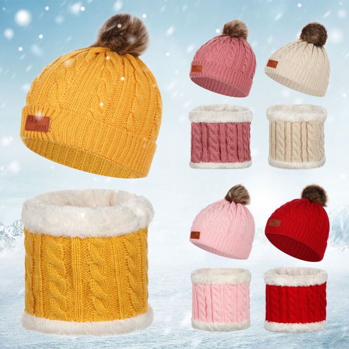 Fashion Toddler Winter Warm Hat Scarf Set Hemming Hat Knitted Neckerchief Beanie Cap
