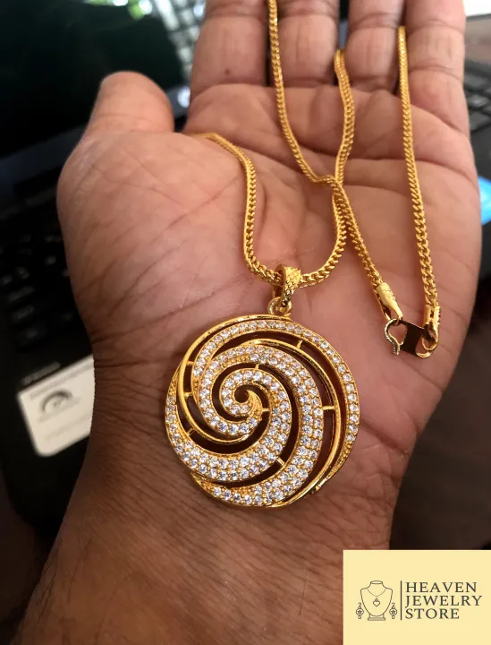 Gold plated fox chain with round stone derana big pendent women , girl ...