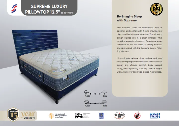 Suyamas Supreme Luxury Pillow Top 12.5" - Single Size Pocketed Spring Mattress (36" x 72" x 12.5")