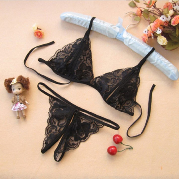 Yfashion 2PCS/Set Women Cotton Lace Bra + Briefs hree-Point Crotch Underwear Set