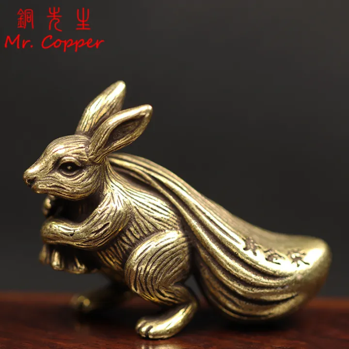 Copper Big Rabbit Figurines Miniatures Chinese Feng Shui Ornaments Desk ...