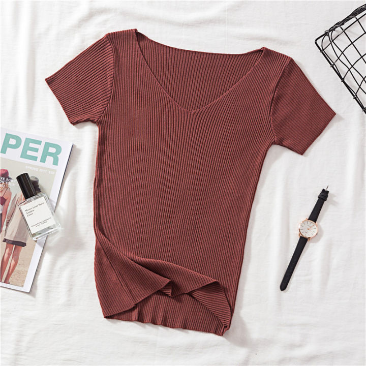 Rings%20Diary%20Women%20Soft%20Rib%20Knit%20Tees%20Summer%20Knitting%20V%20Neck%20Short%20Sleeve%20Slim%20Fit%20Basic%20Tshirts%20Retro%20Basic%20Going%20Out%20Cute%20Tops%20-%20Image%203