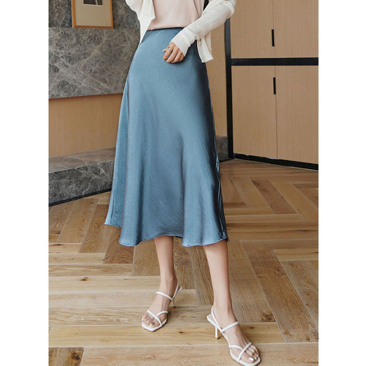 bellylady Women Cotton Sweet Fishtail Skirt Satin Elegant Solid Color A-line Mid-length Skirt For Business Daily Wear