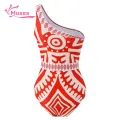 Muses Mall Women One-shoulder Swimsuit Ethnic Print One Shoulder Monokini Pants Set for Women 2 Pcs/set Swimwear Sun Protection Swimsuit. 