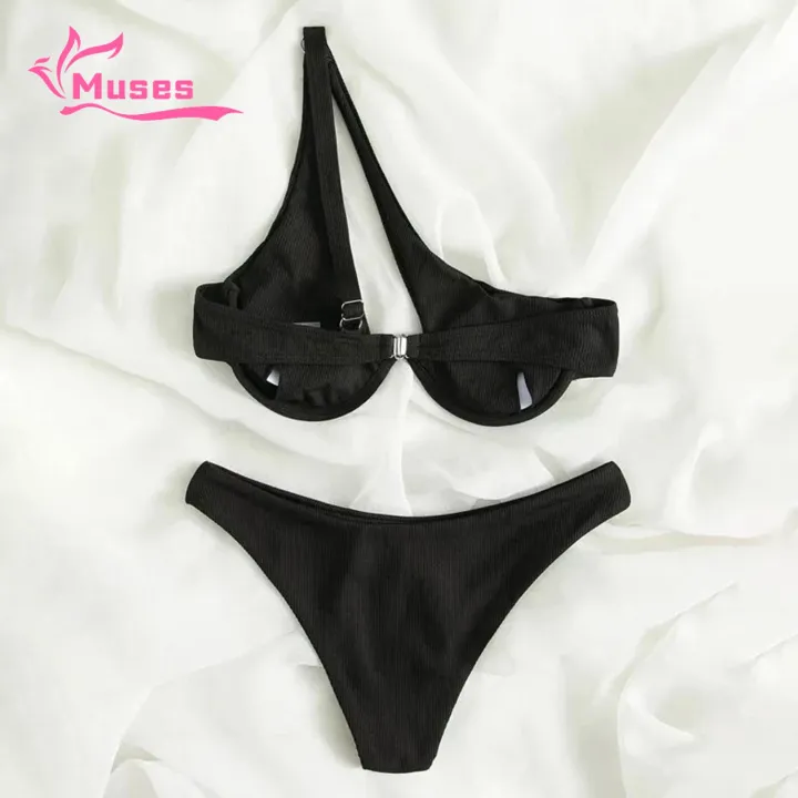 Muses Mall Women One-shoulder Bikini 2pcs Women Color Block One-shoulder Bikini Set High Waist Briefs Beachwear