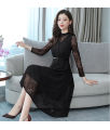 bellylady Women Cotton Lace Dress Fashion Long Sleeves Middle Waist A-line Skirt Elegant Mid-length Dress For Party Wedding. 