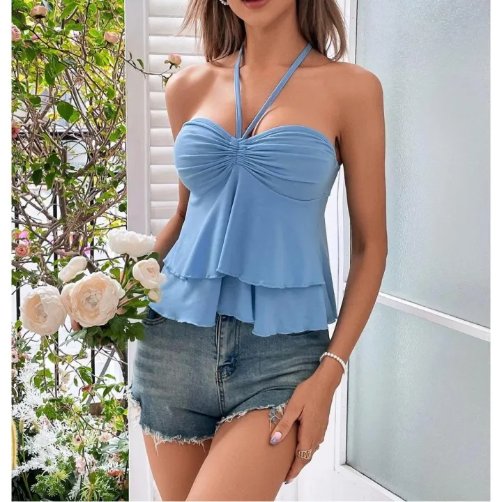KOKKO%20Women's%20Sleeveless%20Crop%20Top%20Halter%20Neck%20Tie%20Back%20Ruched%20Bustier%20Double%20Layered%20Hem%20Tank%20Top%20Streetwear%20-%20Image%204