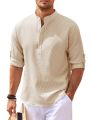 Cotton Linen Men's Long-Sleeved Shirts Spring Autumn Solid Color Stand-Up Collar Casual Beach Style Plus Size S-5XL. 