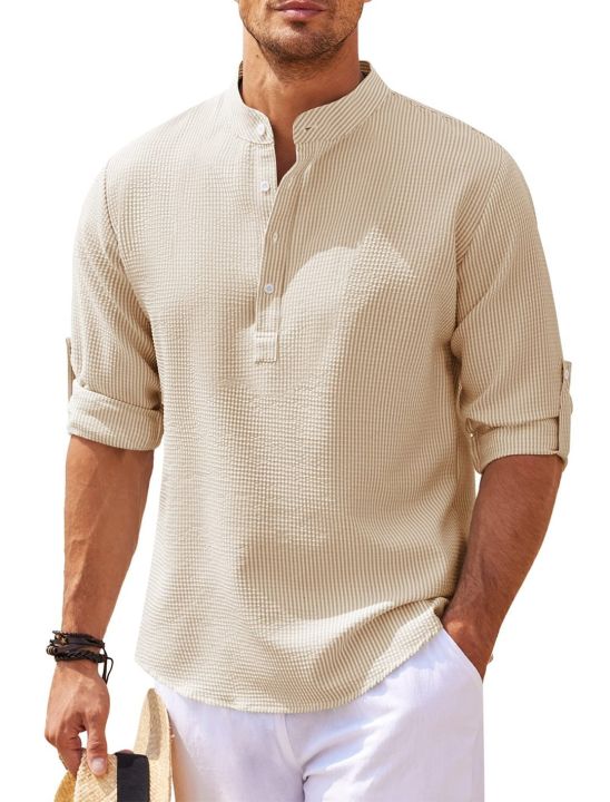 Cotton Linen Men's Long-Sleeved Shirts Spring Autumn Solid Color Stand-Up Collar Casual Beach Style Plus Size S-5XL