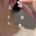 Enacolor  Gold Metal Chain Drop Earring Pearl Female Delicate Full Crystal Heart Dangle Earrings for  Girls. 