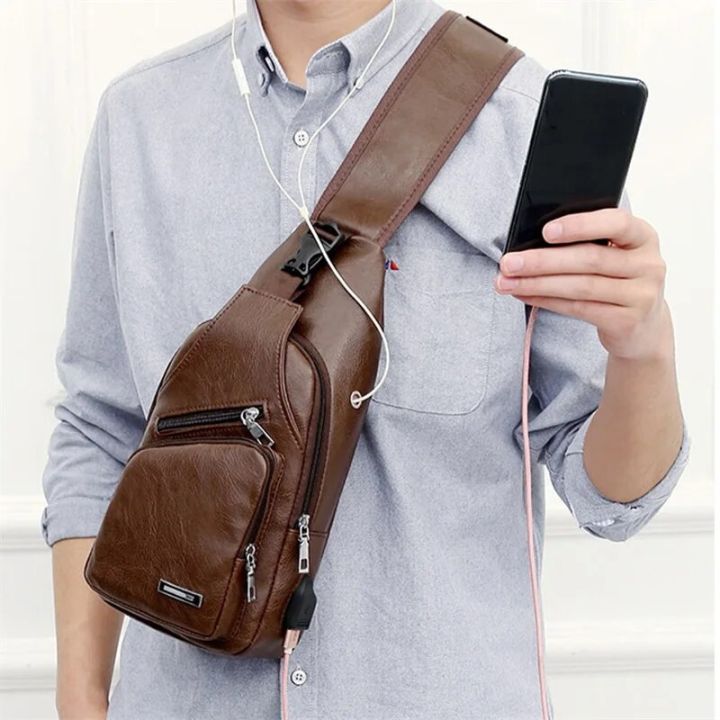 【HUT】 Luxury Brand Messenger Bag Leather Men Chest Bag Vintage Crossbody Shoulder Bag Men's Business Sling Bags Male Casual Chest Pack