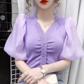 【Free Returns】 Blouse Women Solid V-neck Chiffon Puff Sleeve Ladies Knitted Shirts Summer New Thin Korean Style Plus Size Female Tops. 