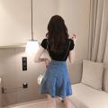 2019 Summer New Korean Style Fashion All-Matching round Neck All-Matching T ... + Strap Slim High Waist Denim Skirt Outfit. 
