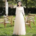 Bridesmaid Dress Champagne 2024 New Spring and Summer High-Grade Niche Long-Length Sisters Group Slimming Long-Sleeved Evening Dress for Women. 