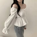 2025 Fashion New Ruffle White Long sleeved Women's Blouses Square Neck Sexy Short Shirt Korean Style Flare Sleeve Sweet Tops. 