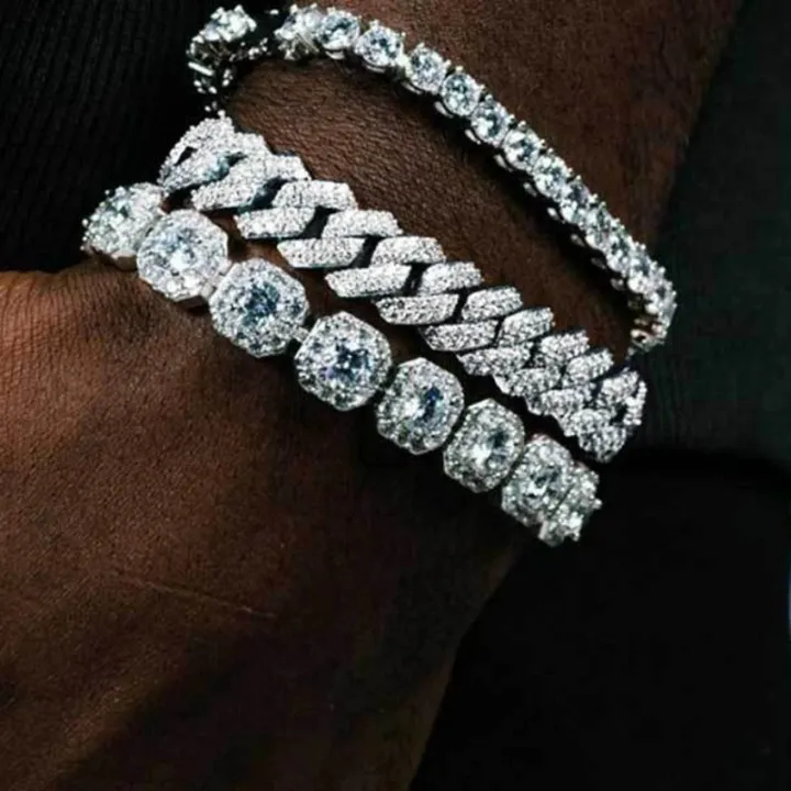 ZEBF-Fashion Bling Paved Rhinestone Prong Cuban Chain Bracelet for Women Men Hip Hop Iced Out Chunky Link Chain Bracelets New Jewelry