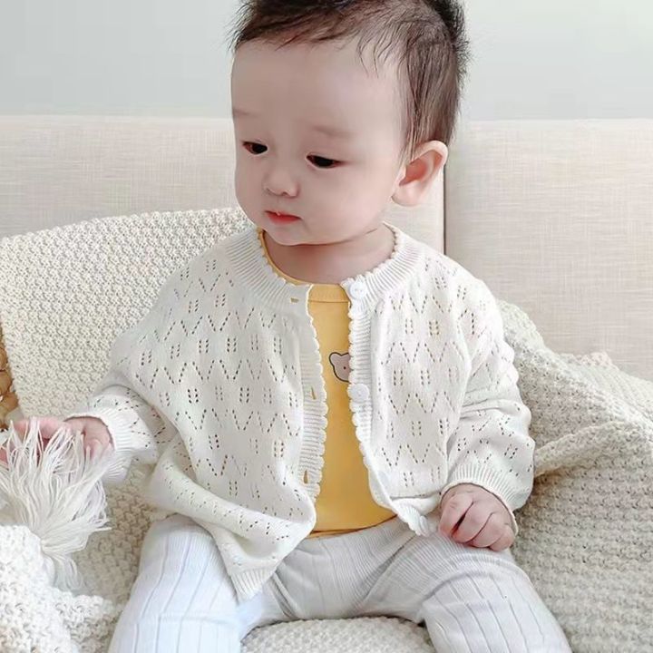 Summer New Child Air Conditioner Cardigan Thin Baby Summer Wear Baby Knitted Hollow Long Sleeve Sweater
