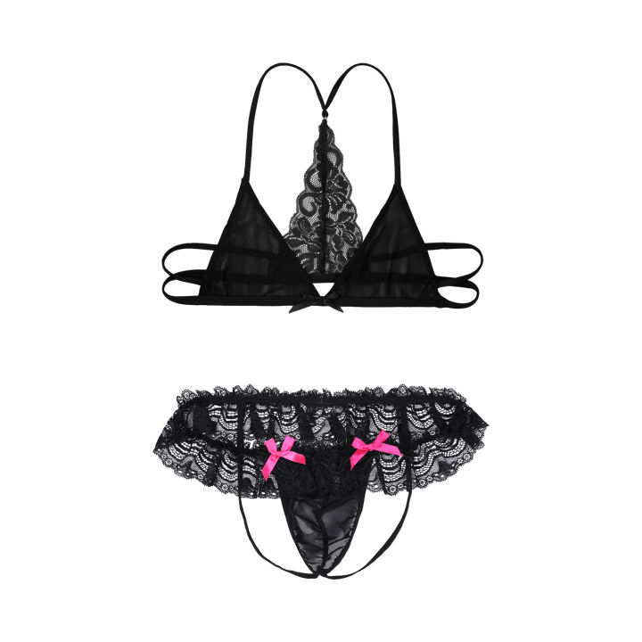 Beautiful Night Sissy Nightwear for Mens Lingerie Sissy Crossdresser Set Unlined Bra Top with Lace Bowknot Butt Jockstrap s