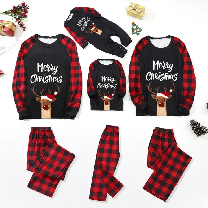 bellylady%202%20Pcs/set%20Parent-ld%20%20Outfit%20Christmas%20Deer%20Alphabet%20Printed%20Plaid%20Pattern%20Long-sleeved%20Pajamas%20Set%20color%20-%20Image%207